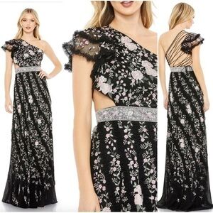 Mac Duggal Embroidered Ruffled One Shoulder Lace Up Gown Black 70160 New Size 0